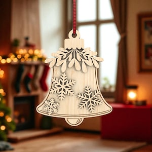 Christmas Bell Ornament Cut File SVG, Snowflake Bell Wooden Laser Cut File, Holiday Hanging Ornament Glowforge SVG , Rustic Xmas Bell Design