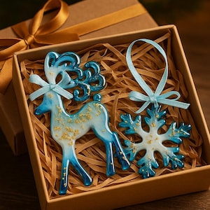 Handmade Resin Christmas Ornaments: Blue and Gold Holiday Decor
