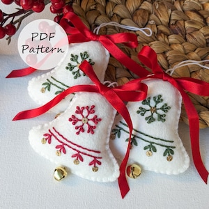Felt Bell Christmas Ornament - Hand Embroidery PDF Pattern with Video tutorial