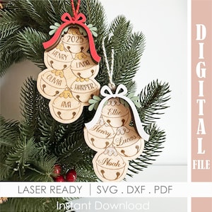 Personalized Christmas Bells Ornament SVG, Family Name Laser Cut File, Glowforge Layered Holiday Keepsake, Digital Download, 1-11 Names