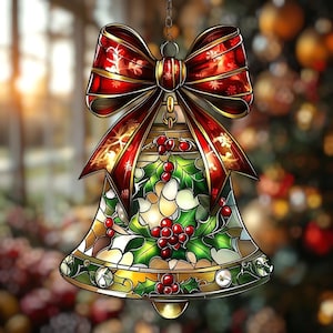 Christmas Bell Acrylic Ornament - Faux Stained Glass Holly Window Hanging Decoration