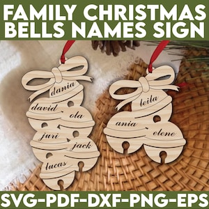 1-10 Family Christmas Bells Names Sign SVG | Laser Cut Holiday Name Tag File | Glowforge xTool DIY Gift 2025 Digital File